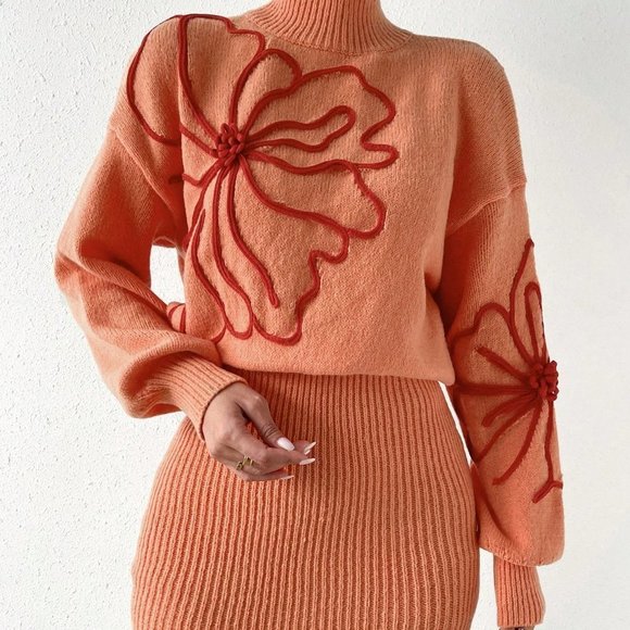 . Dresses & Skirts - Orange Casual Womens Floral Pattern Mock Neck Drop Shoulder Sweater Dress